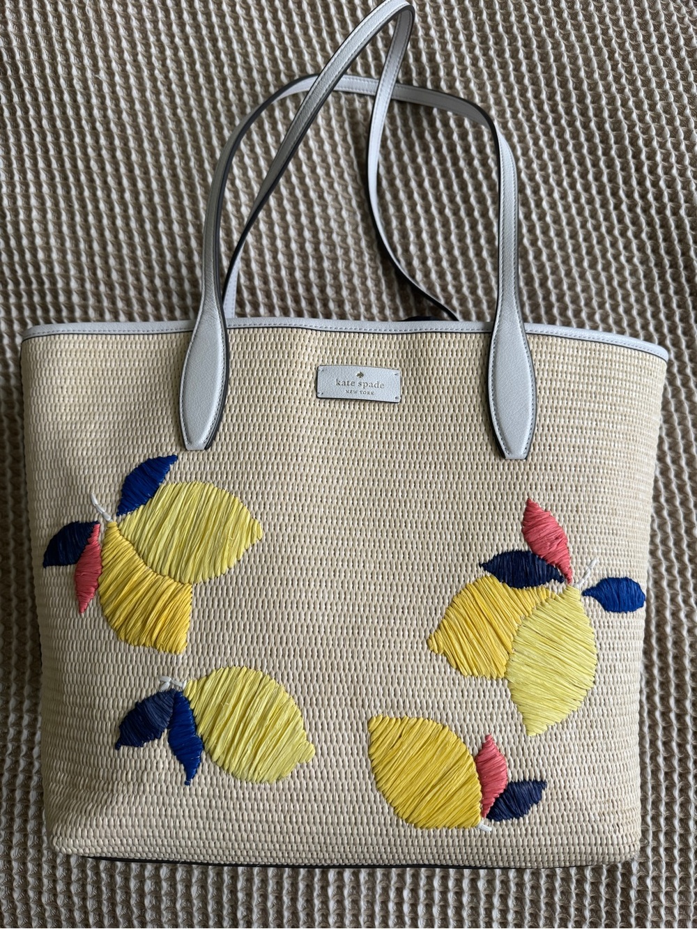 kate spade Cream Straw Tote with Yellow Floral Embroidery